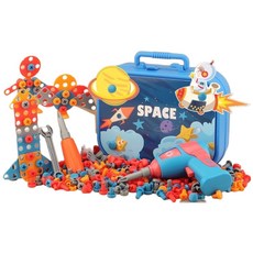 兒童修理工具箱玩具，工程師角色扮演，DIY創意組裝積木拼圖，附螺絲工具箱, 工具箱太空人211pcs帶電動螺絲起子