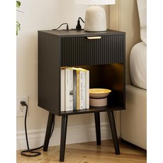 ASACESCU 세로로 홈이 있는 나이트스탠드 보관 서랍이 있는 모던 침대 옆 테이블 침실 거실 사무실용 나무 나이트 스탠드 사이드 엔드 테이블 (오크), Black With Light