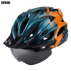 DFMEI 磁吸式風鏡頭盔 自行車山地公路男女通用一體成型騎行頭盔, 1個, 炫彩橙黑:配帽檐+風鏡(均碼)