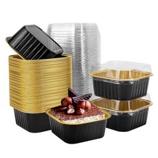 뚜껑이 있는 미니 사각 베이킹 컵 50개 알루미늄 호일 케이크 팬 5온스 일회용 라메킨스 팬 결혼식 생일 파티용 디저트 150ml 골드, Black/Gold
