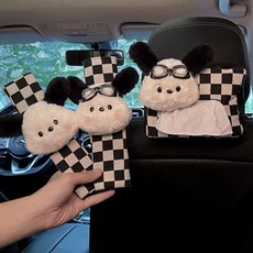車載紙巾盒汽車抽紙盒車用紙袋車內掛袋創意可愛裝飾品掛式扶手箱, 【A款眼鏡帕恰狗紙巾盒+棋盤格護肩一對】, 1個