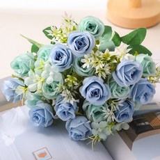 LIFE MASTER 仿真玫瑰花束 10頭香妃玫瑰 韓系居家裝飾 拍照背景 婚禮擺設, 1個, 藍色