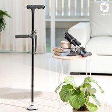 리빙톤 이편한 만능지팡이 안전스틱 간편한 보행스틱 원터치 지팡이 접이식 LED 장착 손잡이 야간 반사판 장착 5단계 높이조절, 2개, 블랙