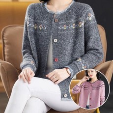 봄 꽃무늬 라운드넥 니트 자수 중년 여성 티셔츠 할머니 옷