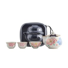 德化陶瓷 一壺三杯 旅行茶具套裝 牡丹花紋, 商品主圖, 1個
