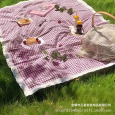 紫色野餐墊 戶外露營地墊 加厚防潮布藝便攜野餐布, 紫色格子花邊