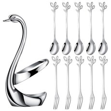 AnSaw 10피스 실버 미니 스푼 포크 세트 11.9cm 4.7인치 스테인리스 스틸 나뭇잎 손잡이 커피 차 애피타이저 시음 파티 샤퀴테리 칵테일에 이상적 265263, Silver Swan
