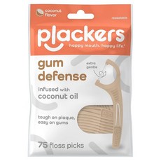 Plackers Plackers 잇몸 디펜스 치실 피크 코코넛 오일 함유 상쾌한 코코넛 맛 젠틀플로스 75개 4팩, 1 Pack