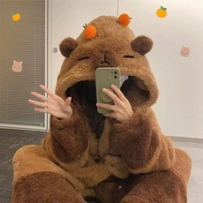 卡皮巴拉 珊瑚絨睡袍 可愛卡通長款家居服
