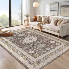 LUXLOOM 12.7 x 17.8cm(5 x 7인치) 세탁 가능한 부분 러그 농가 빈티지 꽃무늬 러그 침실용 미끄럼 방지 낮은 파일 액센트 러그 거실용 얼룩 방지 바닥 매트, 5' x 7' (Rectangular), 브라운