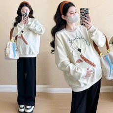 임산부 투피스 바지 세트 봄 가을 루즈핏 면 스웨트셔츠 귀여운 그래픽 디자인 캐주얼 JS