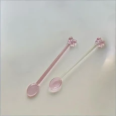 핑크 리본 유리 커피 스푼 긴 손잡이 디저트/밀크티 젓는 스푼 내열 티스푼 가정용 주방 도구, 01 Set