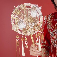 結婚新娘團扇香檳古風雙圈成品中式婚禮秀禾扇手工喜扇diy材料包, 1個, 材料【自己做】,喜結連理【紅色】