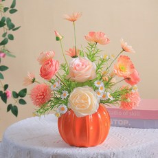 高級絹花假塑料花仿玫瑰牡丹插花盆栽客廳餐桌仿生花藝裝飾擺件, 1個, 香檳桃玫瑰牡丹(新款)+橙色南瓜盆