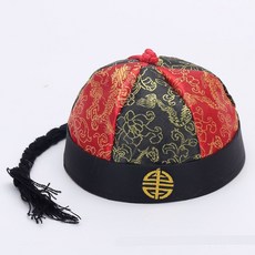 洋洋小品 清朝瓜皮帽 王爺帽 貝勒爺帽 地主帽 太子帽 表演 古裝宮廷帽 台灣現貨, 1個, 紅黑相間頭圍58CM, 紅黑相間