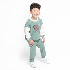 童款狗頭圖案拼色長袖上衣+縮口長褲套裝