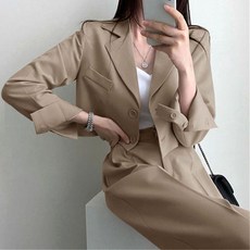 여성 정장 투피스 긴팔 크롭 숏 자켓 + 밴딩 하이웨스트 와이드 슬랙스 팬츠 세트 하객룩 오피스룩 출근룩
