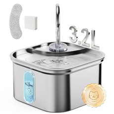 Petinstinct 고양이 분수 스테인리스 스틸 3.2L(110온스)/3.2L 조용한 자동 정수기 안전한 차단 고양이를 위한 대형 사각형 반려동물 분수 교체 필터 1개, 사각 분수+필터 1개+스폰지 1개
