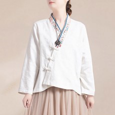 ORZQU 자수 면 마 긴팔 카디건 생활한복 여성 캐주얼 루즈핏 개량한복 상의