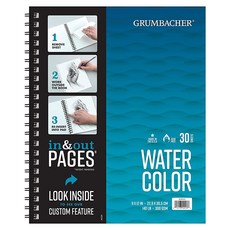 Grumbacher 22.9 x 30.5cm(9 12인치) 콜드 프레스 수채화 종이 패드 인아웃 페이지 포함 63.5kg(140파운드) / 300 GSM 사이드 와이어 바, 인아웃 페이지가 있는 수채화, 30장