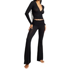 Women Yoga Outfits 2 Piece Long Sleeve Tie Front Ballet Wrap Tops and Leggings Workout Sets Pilate, Black