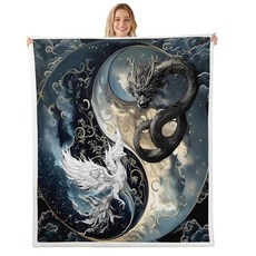 Erosebridal Dragon Sherpa Blanket Japanese Ukiyoe Throw Exotic Animal Twin 60\"X80\" Ancient Loong P