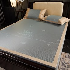夏季藤席天然純藤三件套可摺疊家用涼蓆冰絲涼蓆夏天學生空調席子, 水藍色皇冠-冰藤席涼而不冰 親膚裸睡