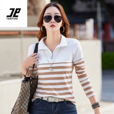 봄가을용 여성 긴팔 티셔츠 스트라이프 패턴 스타일리시 디자인 루즈핏 대형 사이즈 편안 착용 가능 클래식 레이어링 베이직 아이템