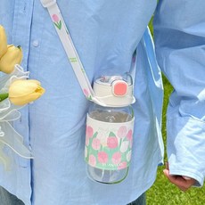 鬱金香水杯可愛卡通小清新吸管杯戶外便攜可斜挎杯子學生兒童茶杯, 1個, 【尺寸/19*7.5cm-可斜挎】,五束鬱金香【480ml-吸管杯】