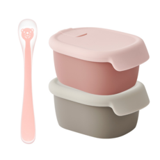 퍼기 동물 이유식 스푼 + 이중밀폐 이유식 보관용기, 혼합색상 2P, 곰핑크