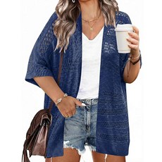 IN'VOLAND 플러스 사이즈 여성용 경량 크로셰 카디건 반소매 여름 기모노 보헤미안 오픈 프론트 니트 가디건 청록색 3X 160021