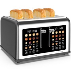 슬라이스 토스터 터치 스크린 4개 스테인리스 스틸 디지털 타이머 듀얼 컨트롤 패널 토스터 베이글, Grey