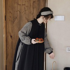 이끼당 일본 슬릿 레이스 양쪽끈 스미레 민소매 원피스, 블랙 조끼원피스
