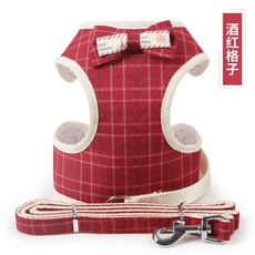 寵物胸揹帶 牽引繩 貓咪用品 韓版蝴蝶結工字型揹帶, 酒紅格子,M 適合7-12斤, 1個