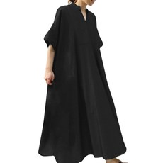 [KumiModa] 원피스 레이디스 반소매 느긋하게 롱 원피스 V넥 큰 사이즈 여름