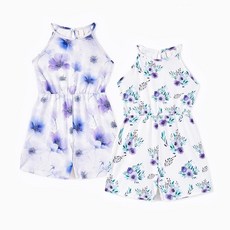 PATPAT 여아용 2팩 롬퍼 민소매 꽃무늬 프린트 여름 트로피컬 점프수트 사이즈 3~12세 퍼플. 7-8세