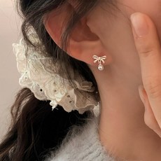 [제이무드] 925실버 은침 귀여운 리본 진주 귀걸이 여성