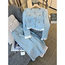 小香風套裝 休閒套裝 兩件套 韓國法式高級感名媛風藍色半裙套裝 2023早秋新款女童套裝