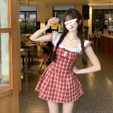 투니스 여성 체크 슬림 웨이스트 미니 원피스