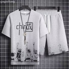 夏季男士運動服圓領寬鬆短袖休閒短褲套裝 透氣舒適潮流男款兩件套