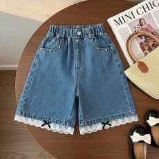 女童2026新款蕾絲花邊牛仔短褲兒童蝴蝶結洋氣百搭牛仔中褲五分褲
