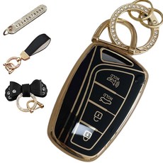 Lulubrothers 現代相容汽車高級TPU鑰匙殼+號碼鑰匙圈+皮革掛繩+皮革緞帶, 深黑色, AH-03