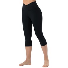 여성용 V 크로스 웨이스트 요가 카프리 레깅스 하이 복부 컨트롤 운동 러닝 팬츠 블랙.