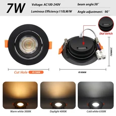거실 등 3 색 디밍 내장 LED 천장 스포트라이트 AC 220V 110V 각도 조절 다운라이트 7W 770lm 홈 데코 개, Black round short