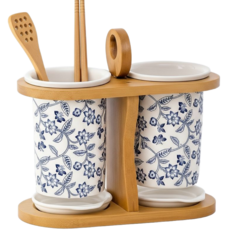 리온드 일본감성 고온제작 물빠짐 도자기 수저통 대나무거치대 세트, 풀, 1박스