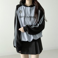 [국내제작/간절기ver] 데이지클로젯 비비 라인 배색 두줄 레터링 오버핏 긴팔 후드 티셔츠 / 봄 여름 가을 겨울 간절기 사계절 기본 후드티 여성 여자 루즈핏 빅사이즈 학생 교복템