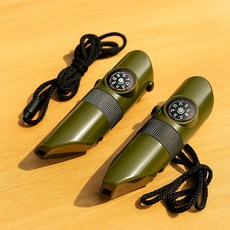 젠리빙 강화플라스틱 멀티 다기능 서바이벌 나침반 호루라기 7기능 라이트 플래시 (2.8x10cm), 2개, 카키색 멀티호루라기