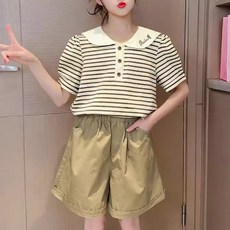 주니어 여아 반팔 스트라이프 티셔츠 밴딩 반바지 상하복 세트