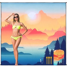 HIHOHO 해변 담요 방수 모래 방지 해변 매트 200.7 x 210.8cm(79 x 83인치) 성인 1-8명용 빠른 건조 내구성 있는 야외 피크닉 매트 해변 축제 여행, 6'11" x 6'7", 마운틴 뷰