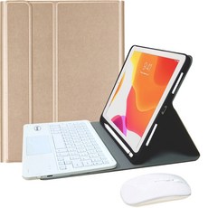 Powerway iPad 10.2吋(9/8/7代)專用藍牙鍵盤皮套組，樂控設計搭配同色無線滑鼠，提升您的平板使用體驗, 香檳金(白色鍵帽/白色滑鼠), 巧克力式鍵帽